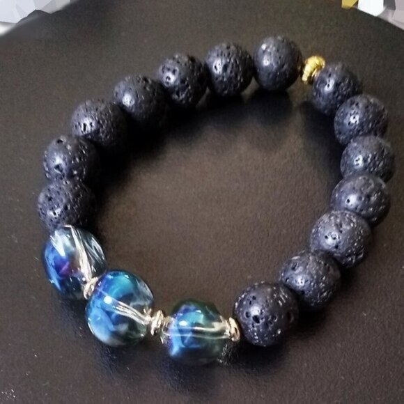 Hand Crafted Jewelry - C.H.U.N.K.Y. MONKEY! Iridescent Shimmering Glass + Lava Rock Beaded Bracelet